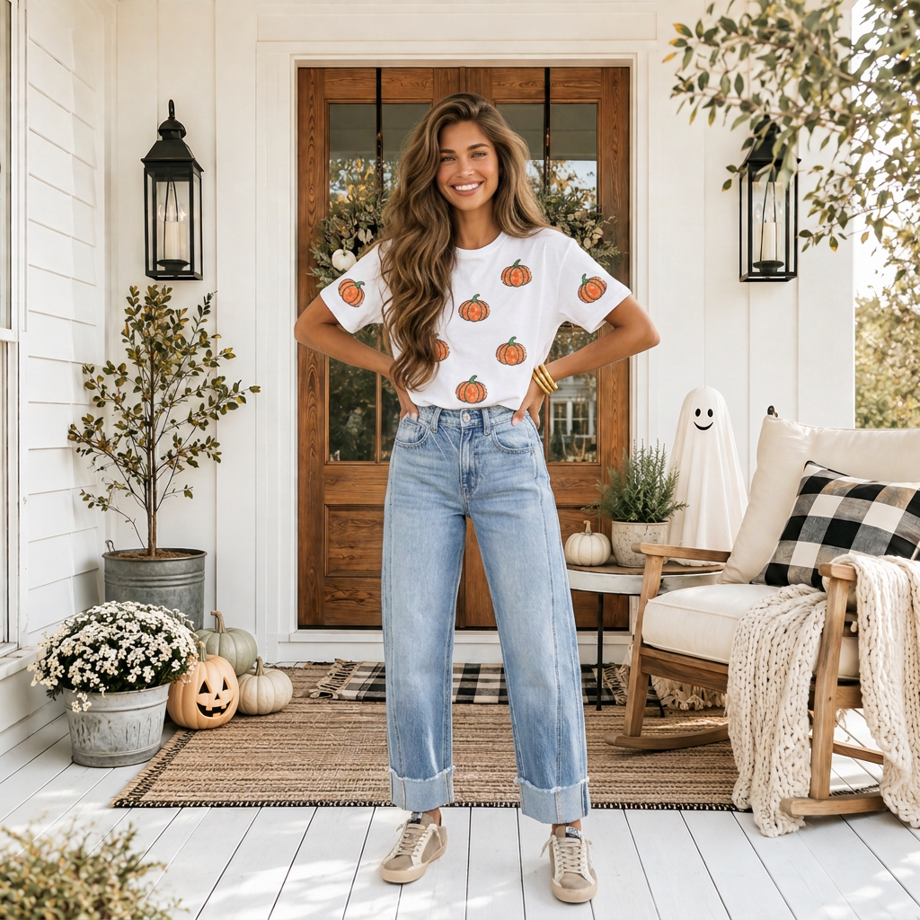 White Sequined Star Pumpkin Graphic Casual Round Neck T Shirt - PREORDER