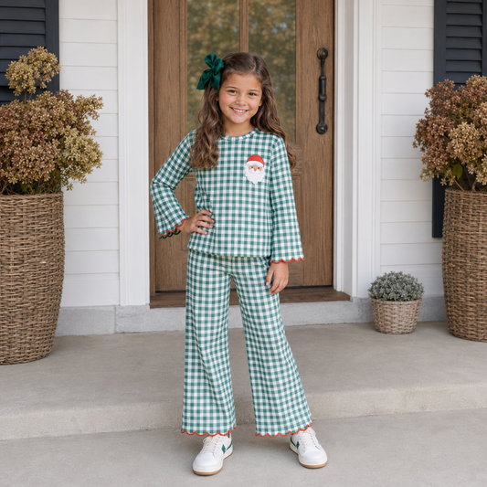 Girls Green Gingham Embroidered Santa Scallop Set - PREORDER