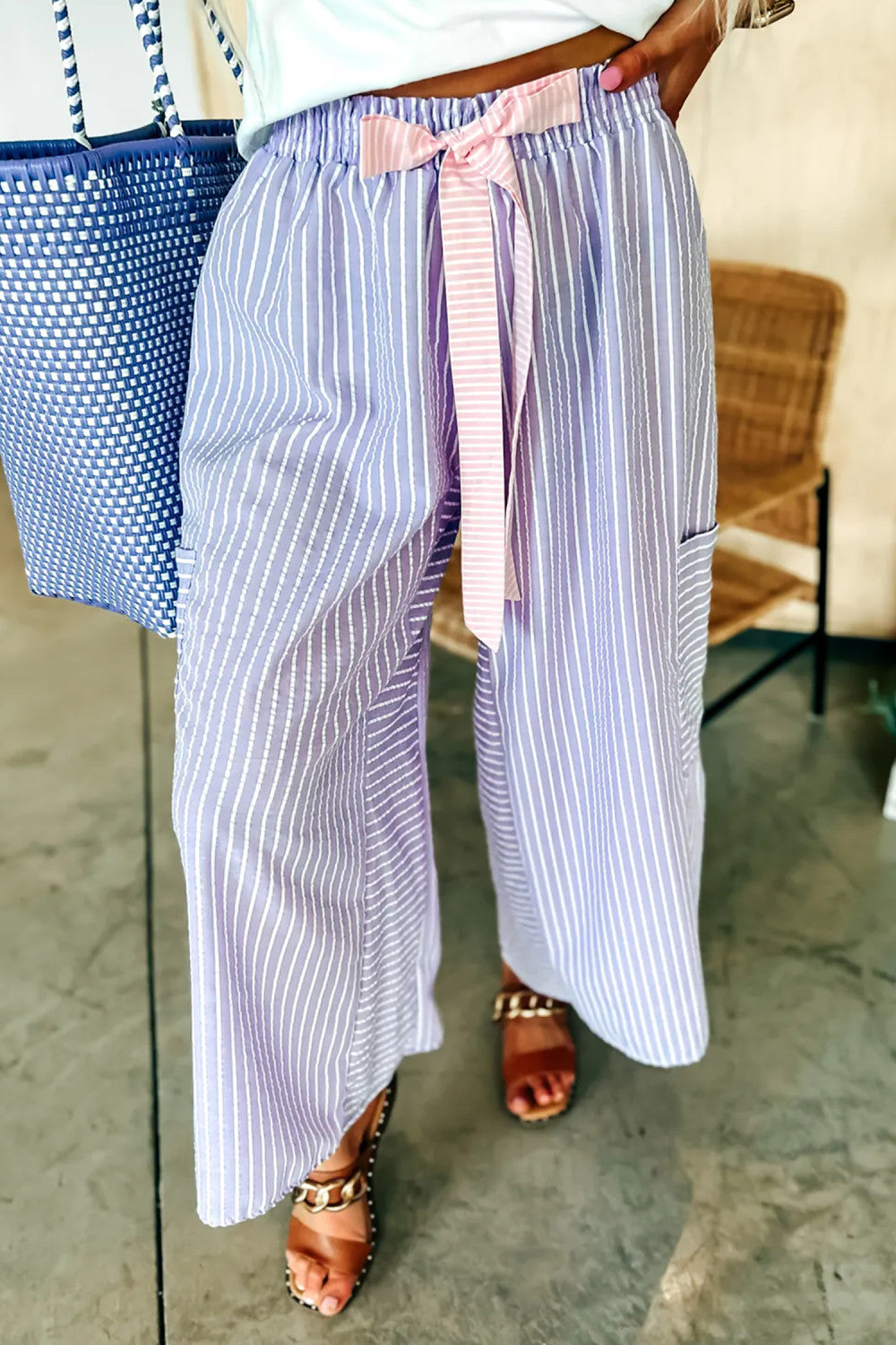 Purple Stripe Contrast Ribbon Bow Knot Elastic Waist Loose Pants - PREORDER