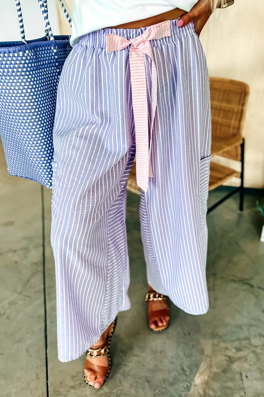 Purple Stripe Contrast Ribbon Bow Knot Elastic Waist Loose Pants - PREORDER