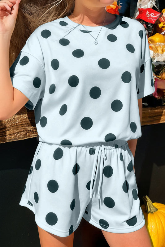 Sky Blue Polka Dot Print Loose Tee Drawstring Elastic Waist Short Set - PREORDER