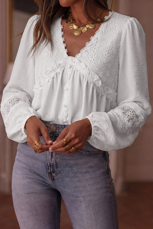 White Solid Color Floral Guipure Lace Patchwork Frilled Long Sleeve Blouse - PREORDER