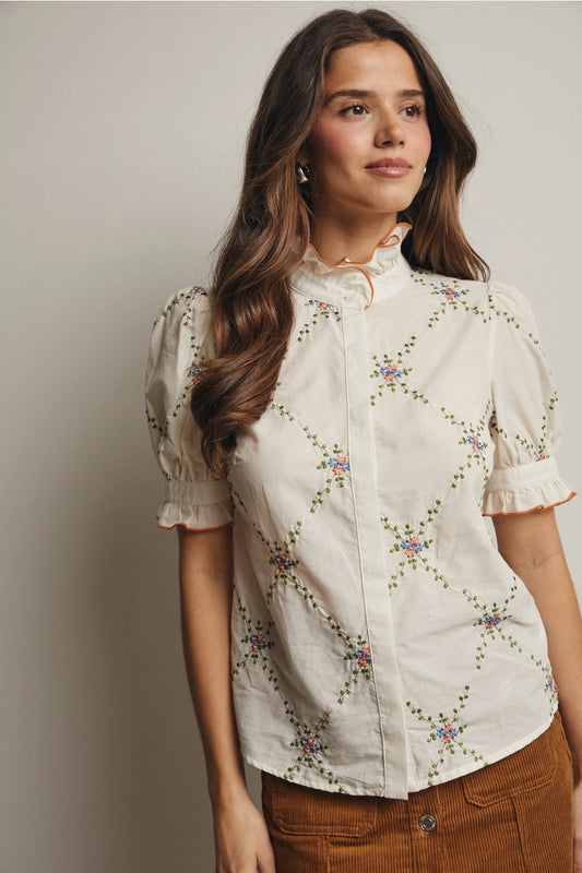 Embroidered Ruffle Collar Cotton Blouse - PREORDER