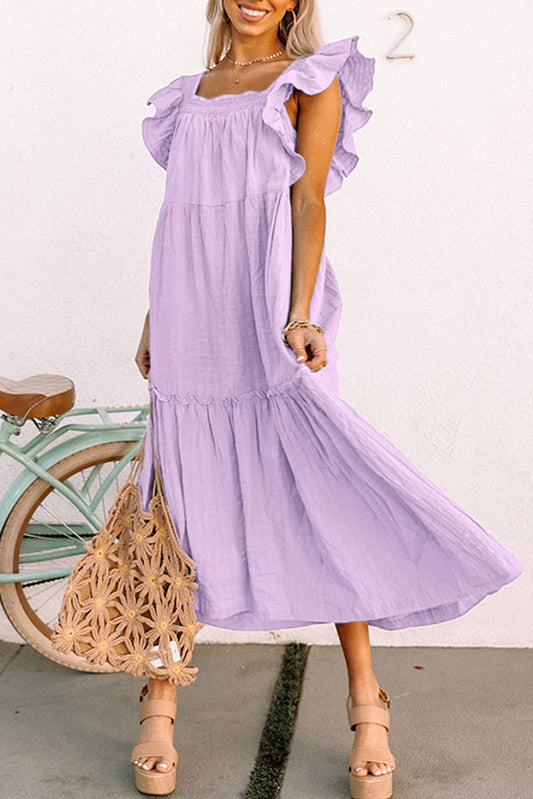 Purple Ruffled Flutter Sleeve Square Neck Textured Tiered Maxi Dres