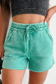 Sea Green Mineral Washed Drawstring Elastic Waist Raw Cut Shorts - PREORDER