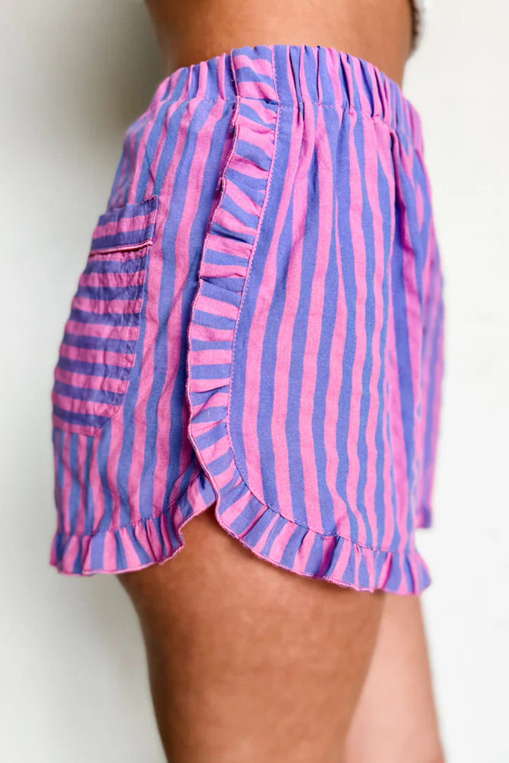 Rose Stripe Elastic Waist Ruffle Trim Casual Shorts - PREORDER