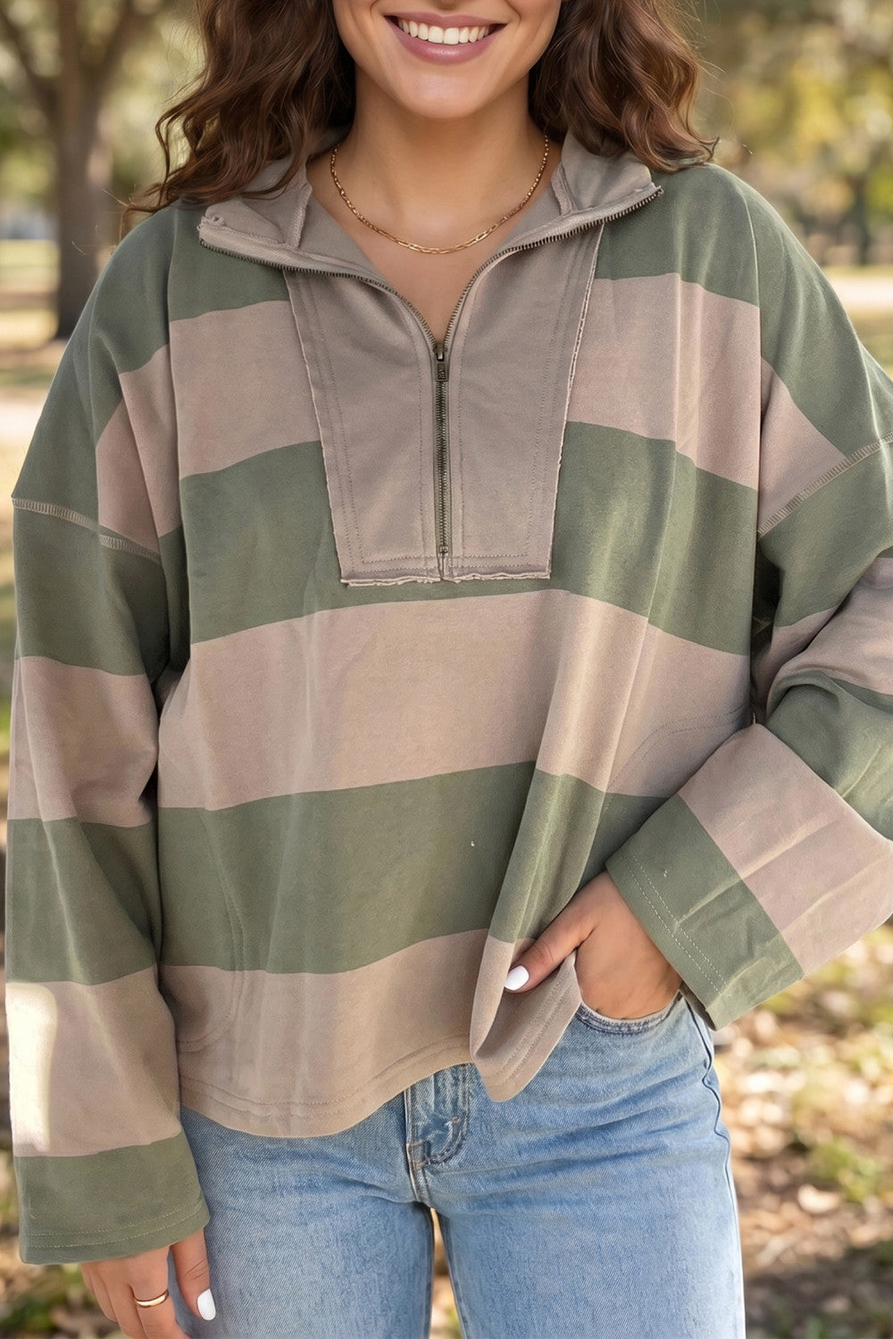 Green Striped Colorblock Zipper Pullover Long Sleeve Loose Top - PREORDER