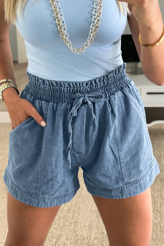 Dusk Blue Smocked Elastic Waist Denim Shorts - PREORDER