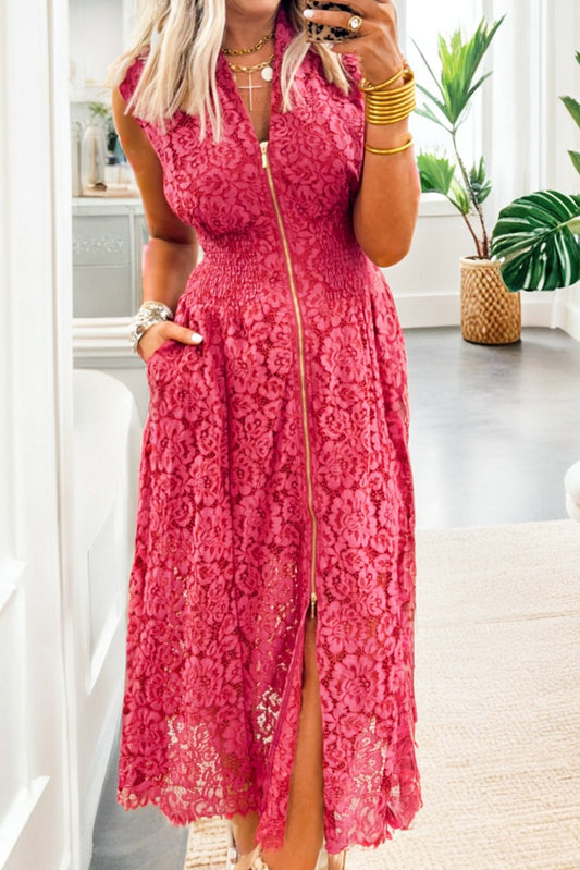 Coral Floral Lace Overlay Zip Up V Neck Smocked Waist Sleeveless Dress - PREORDER