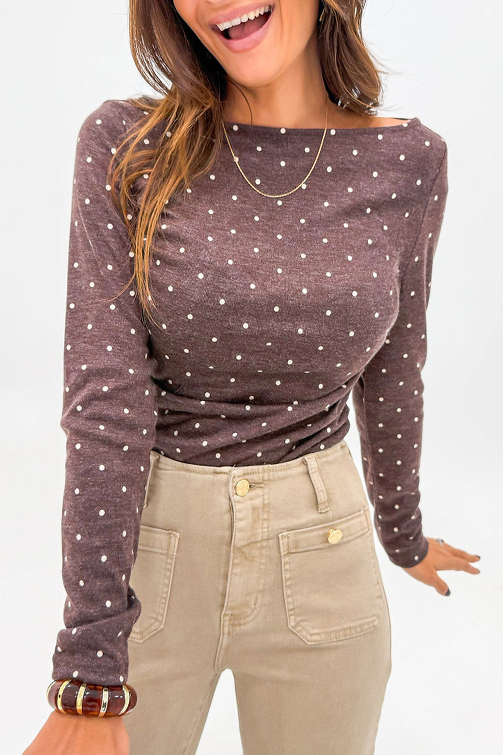 Dark Brown Polka Dot Boat Neck Knit Long Sleeve T Shirt - PREORDER