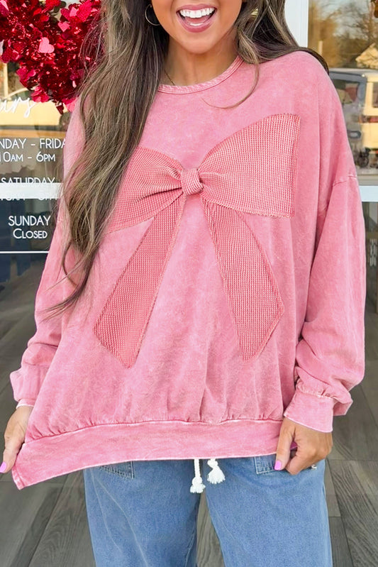 Bright Pink Mineral Wash Big Bow Patchwork Pullover Sweatshirt - PREORDER