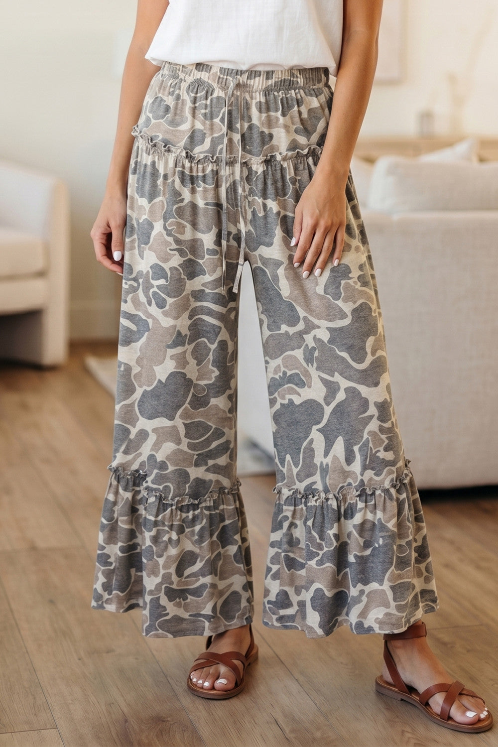 Multicolour Camo Print Wide Leg Casual Pants - PREORDER