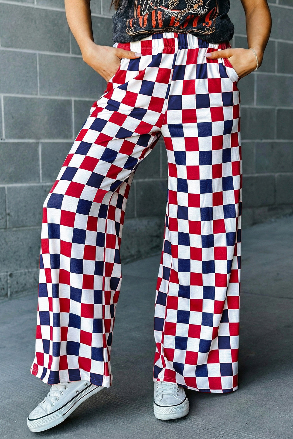 Red 2-Tone Checked Print High Waist Wide Leg Pants - PREORDER
