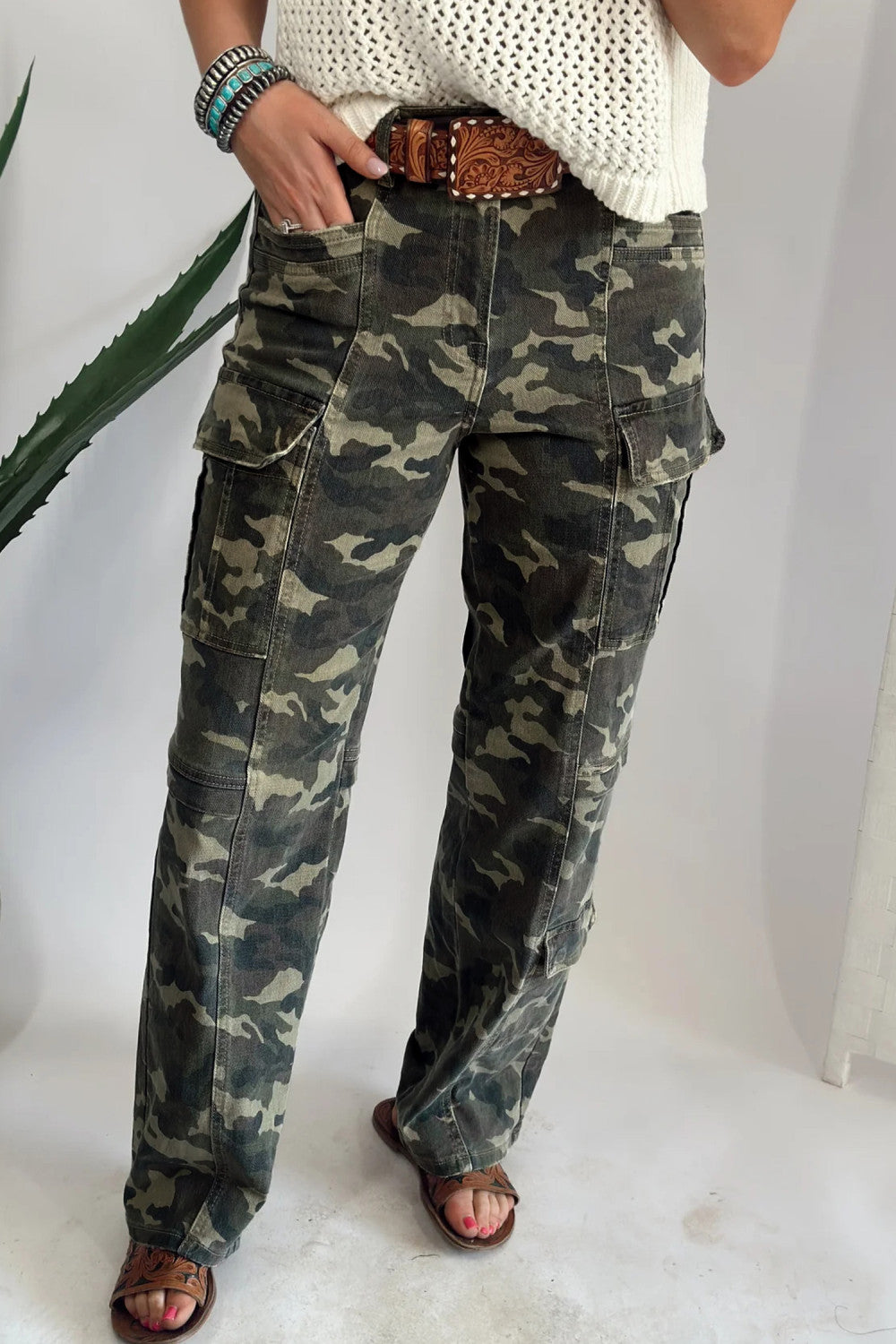 Green Camouflage Print Multi Pocketed Womens Denim Pants - PREORDER