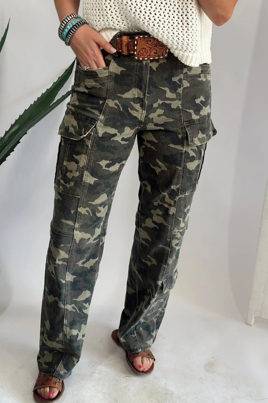 Green Camouflage Print Multi Pocketed Womens Denim Pants - PREORDER