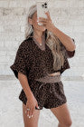 Brown V Neck Collar Leopard Printed 2pcs Short Set - PREORDER