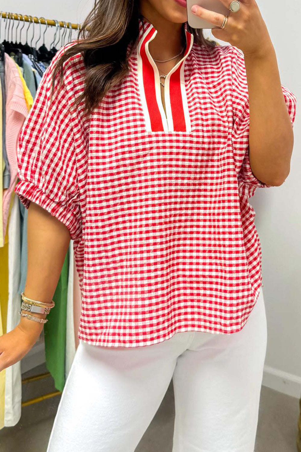 Red Gingham Short Sleeve Colorblock Trim Split Neck Blouse - PREORDER