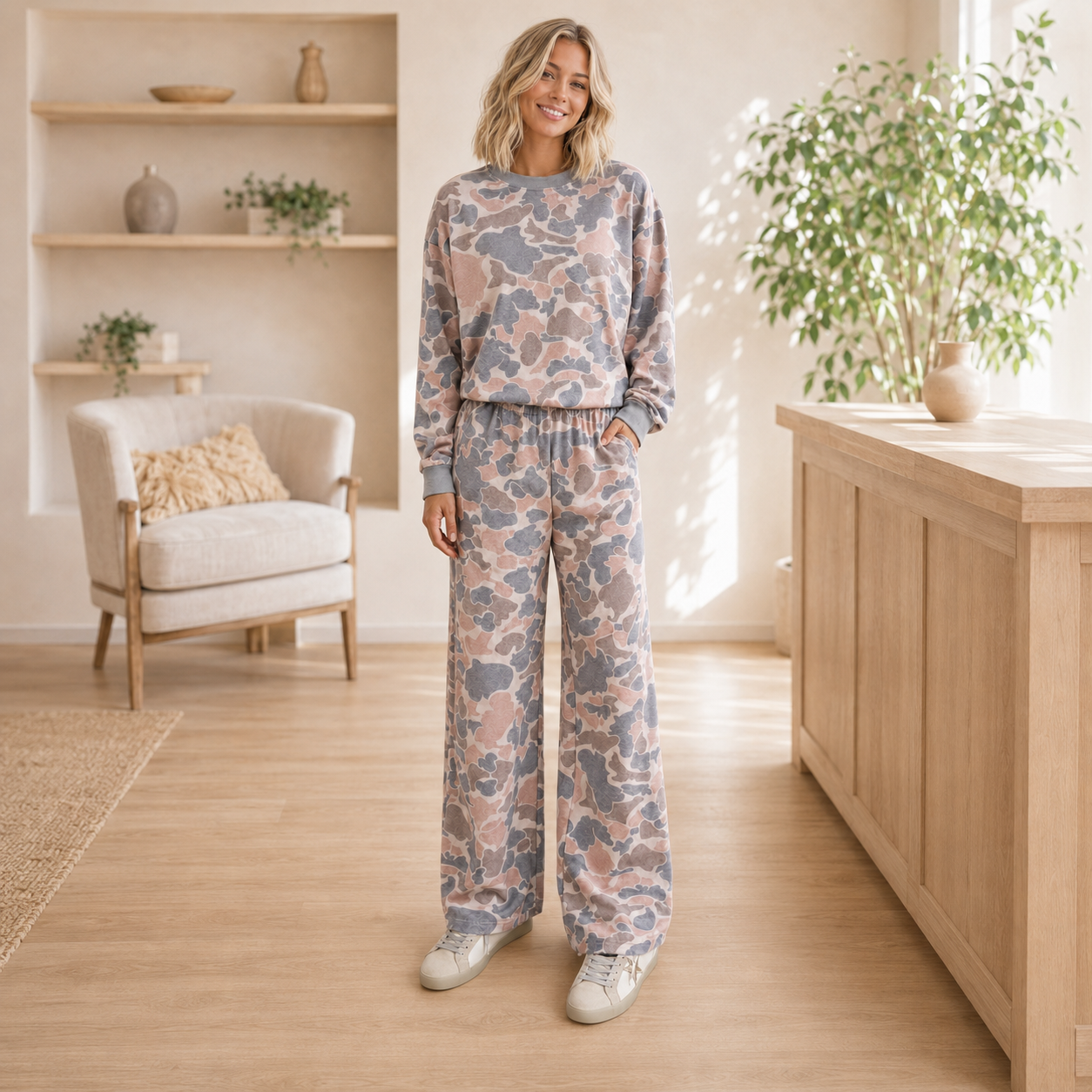 Multicolour Camouflage Print Long Sleeve Top Loose 2pcs Pants Set - PREORDER