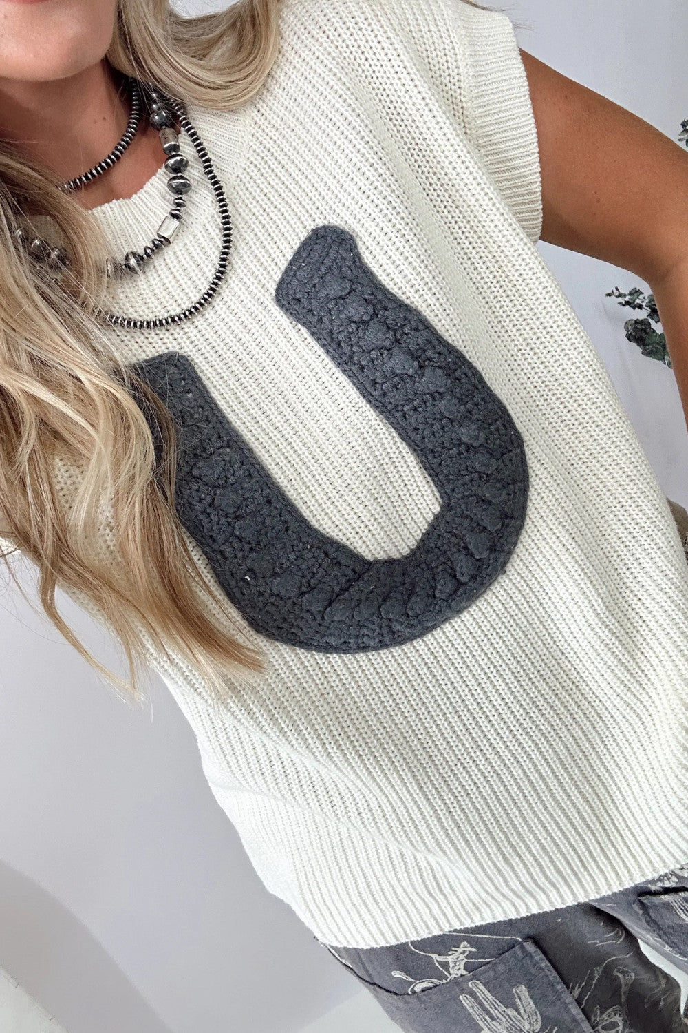 White Crochet Horseshoe Short Sleeve Knit Sweater - PREORDER