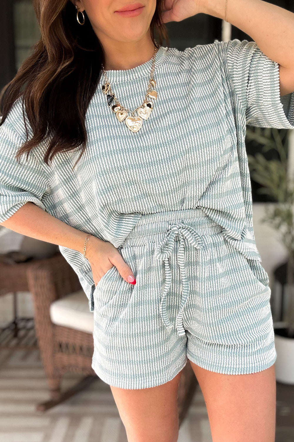 Green Stripe Raised Rib Loose Tee Drawstring Elastic Waist 2pcs Short Set - PREORDER