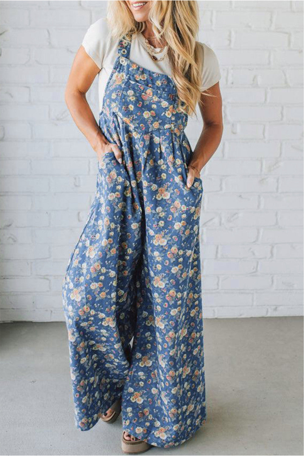 Blue Vintage Rose Printed Pleated Loose Denim Overall Jumpsuit - PREORDER