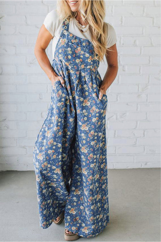 Blue Vintage Rose Printed Pleated Loose Denim Overall Jumpsuit - PREORDER