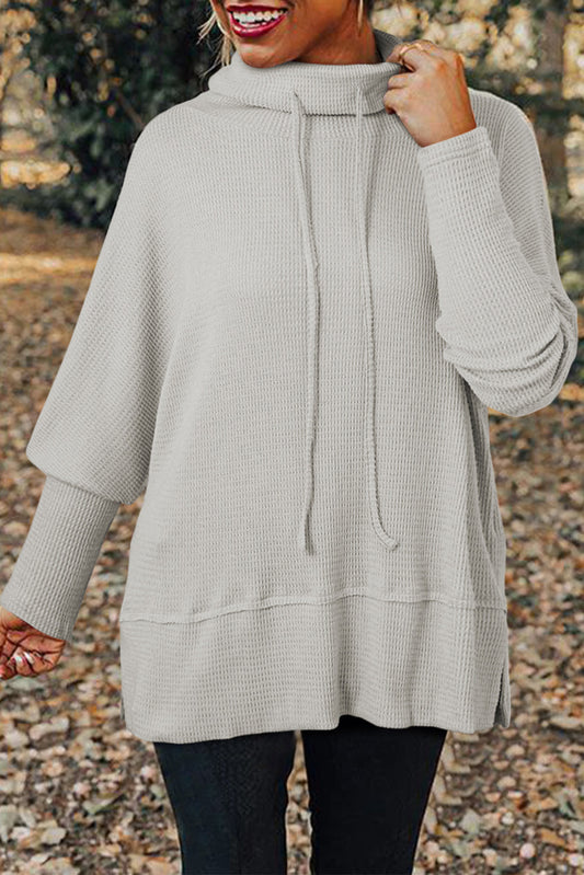Light Grey Textured Knit Drawstring Cowl Neck Oversize Top with Side Slits - PREORDER