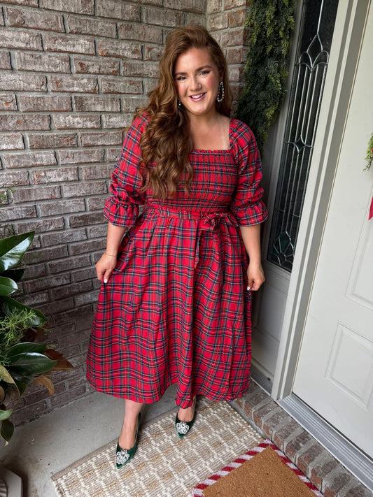 Red Tartan Plaid Square Neck Puff Sleeve Knot Waist Flared Midi Dress