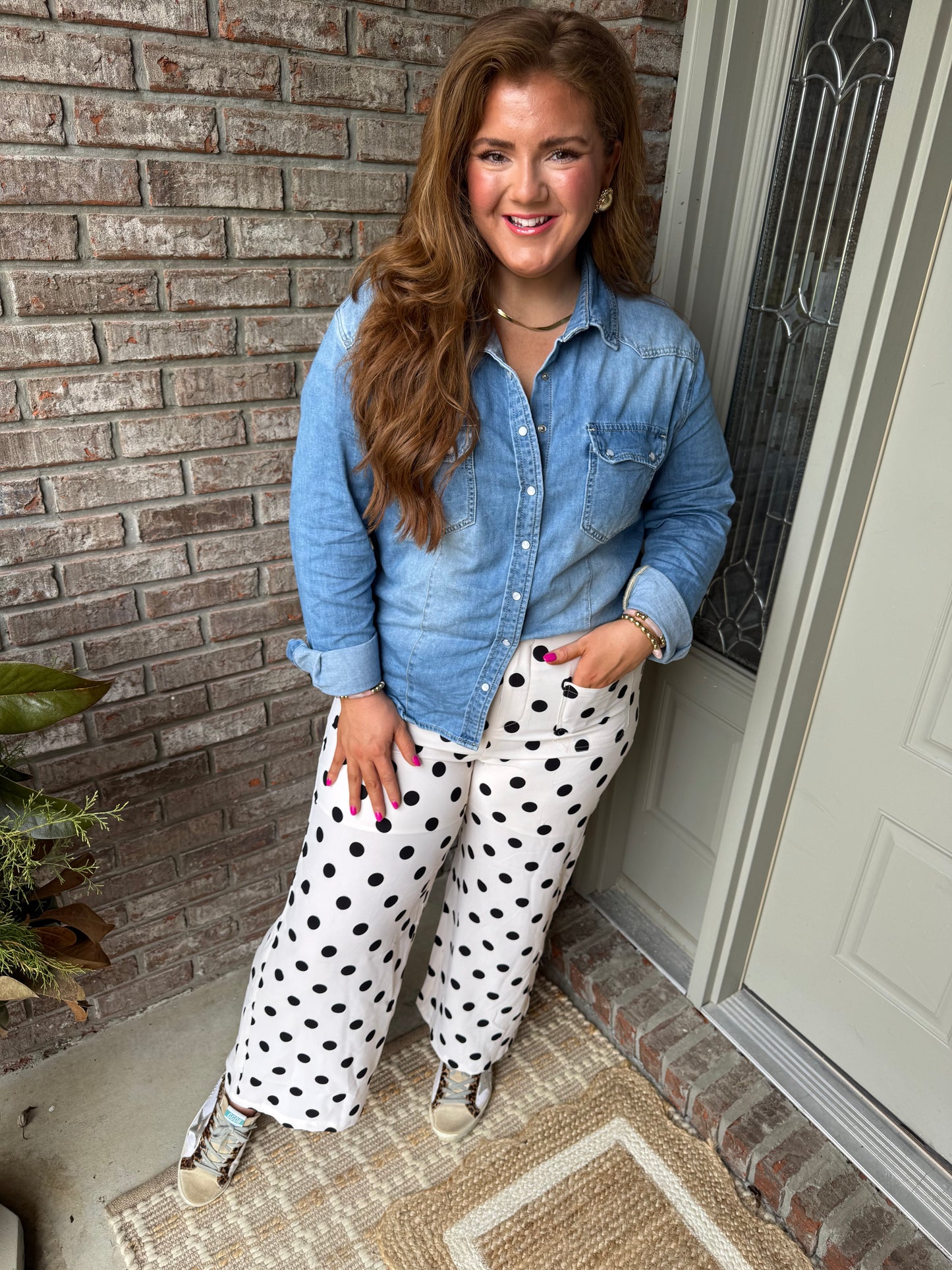 White Polka Dot Print Square Patch Pocket Loose Pants - PREORDER
