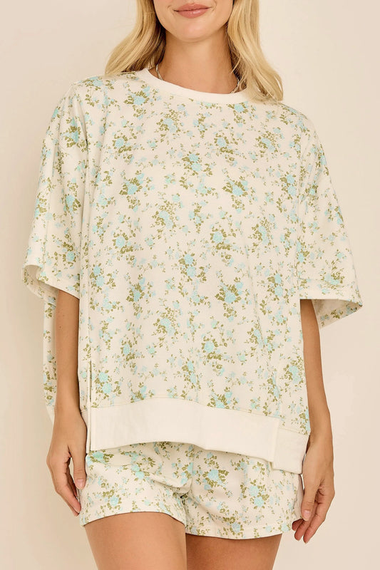 Sky Blue Floral Print Oversized Sweat Tee Elastic Waist Short Set - PREORDER