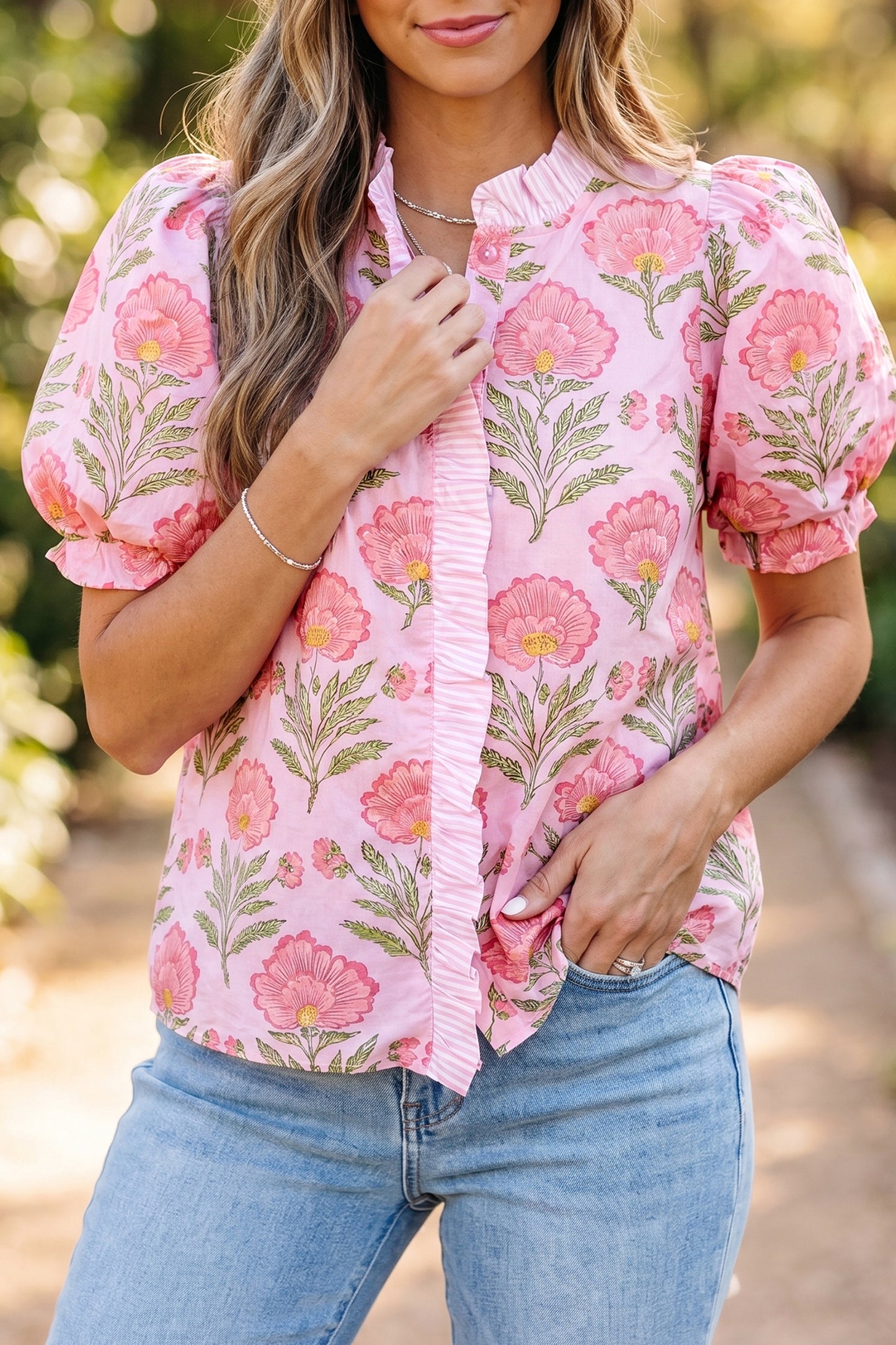 Pink Sweet Blooms Ruffle Striped Trim Puff Sleeve Shirt - PREORDER