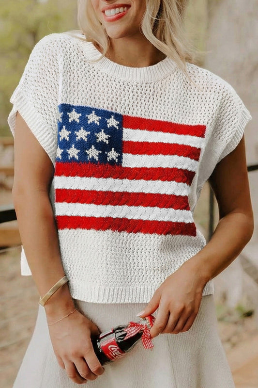 White Flag Graphic Short Sleeve Sweater Top - PREORDER