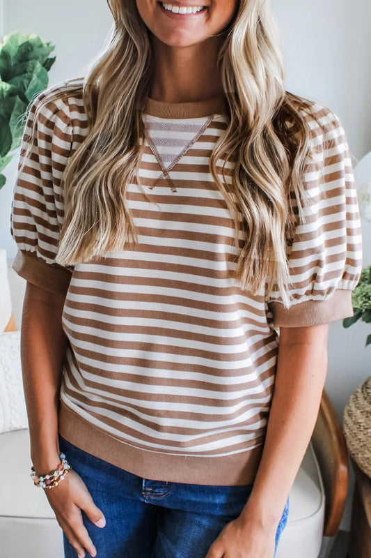 Khaki Stripe Short Bubble Sleeve T Shirt - PREORDER