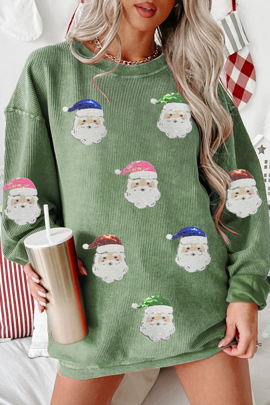 Grass Green Corded Ribbed Sequin Patched Santa Claus Graphic Sweatshirt