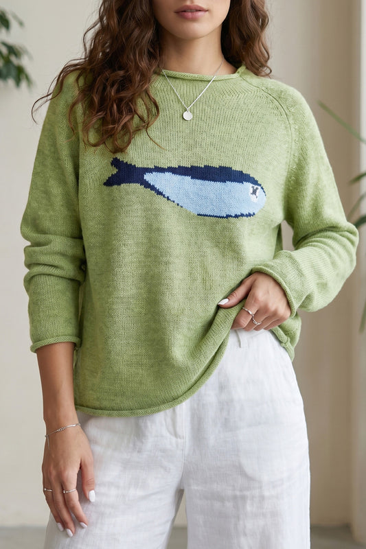 Meadow Mist Green Unique Fish Knit Oversized Round Neck Sweater - PREORDER