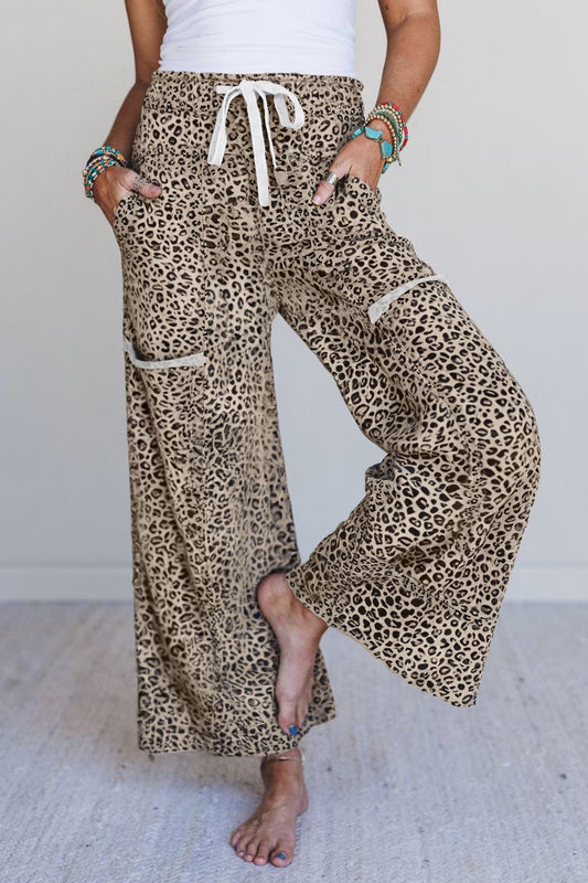 Khaki Animal Print Wide Leg Terry Knit Pants - PREORDER