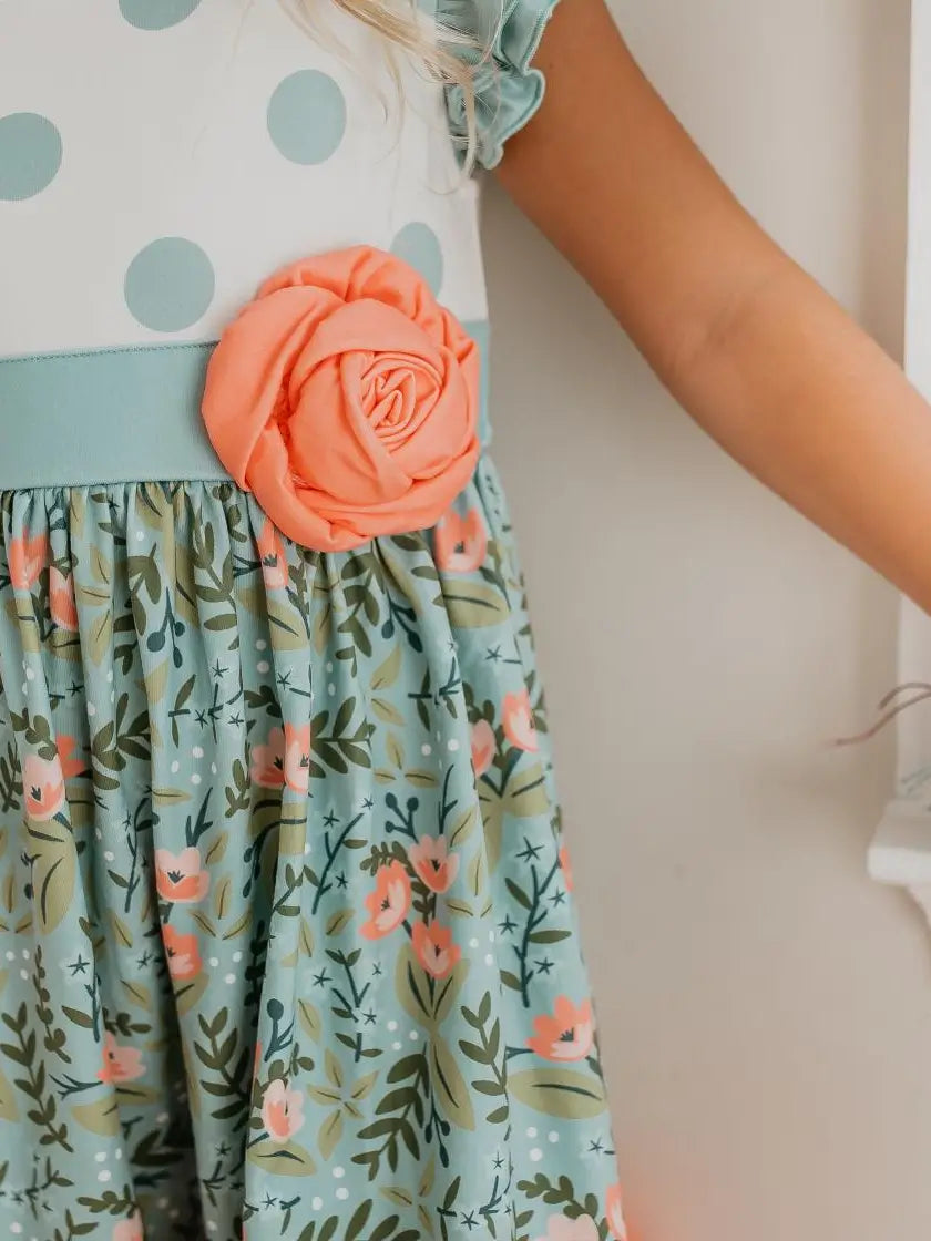 Kids Sage & Dusty Blue Floral Rosette Summer Twirl Dress