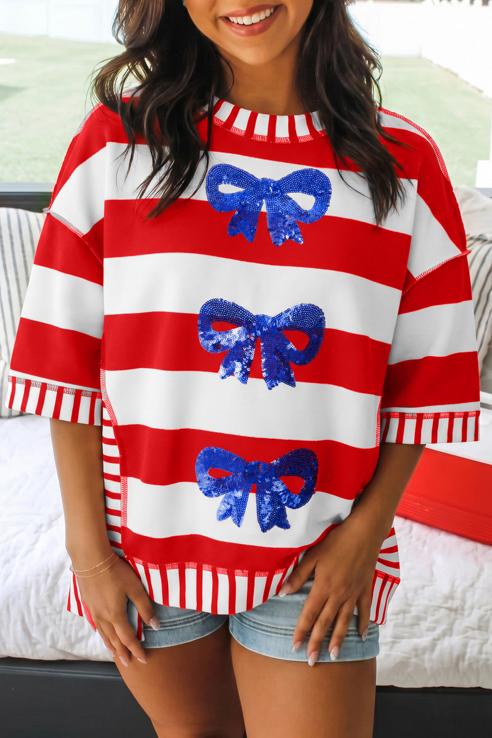Red Stripe Sequin Bow Patriotic Half Sleeve Top - PREORDER