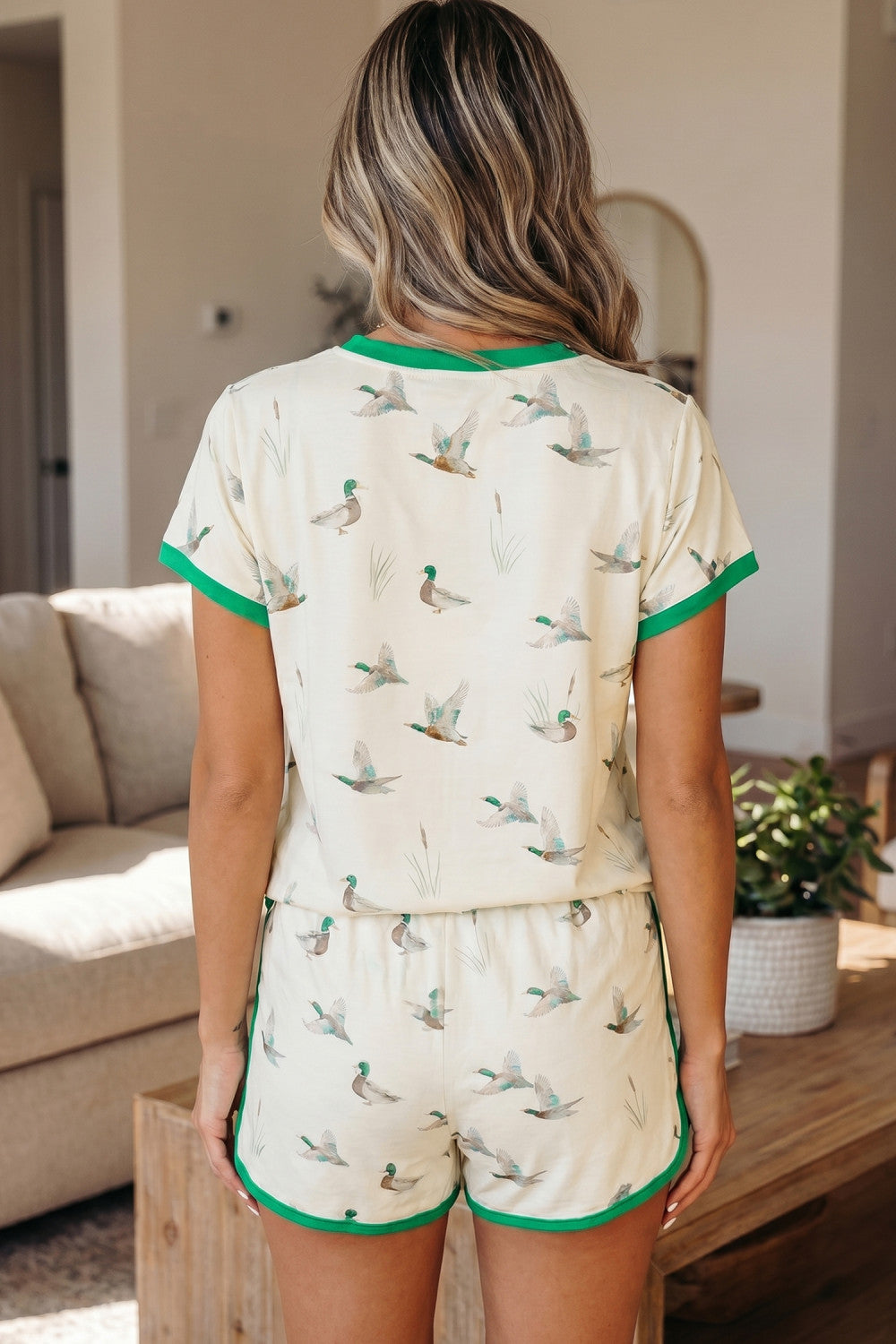 Beige Mallard Printed Colorblock Trim Short Set - PREORDER ETA LATE JUNE