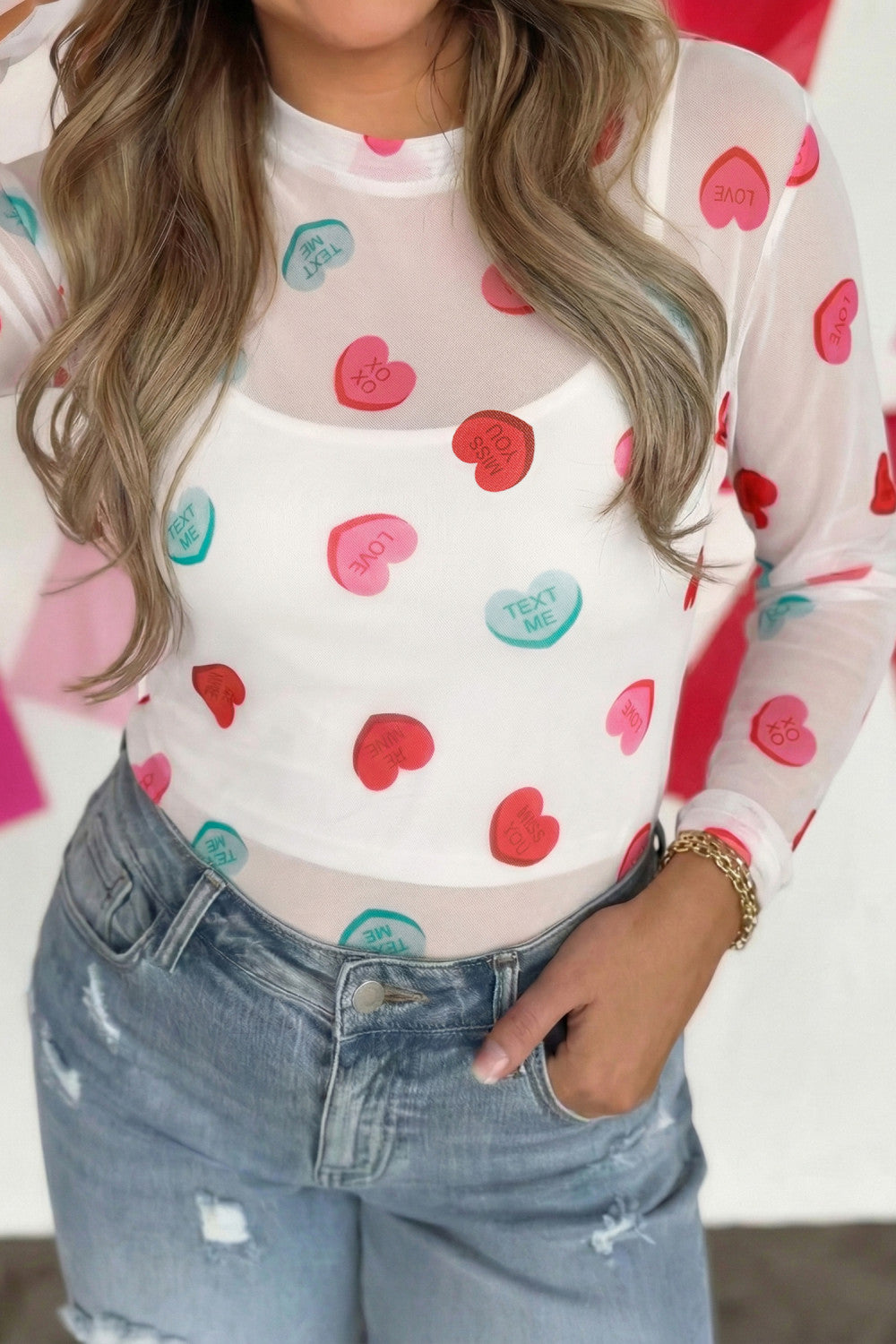 White Sheer Mesh Valentines Slogan Heart Printed Long Sleeve Top