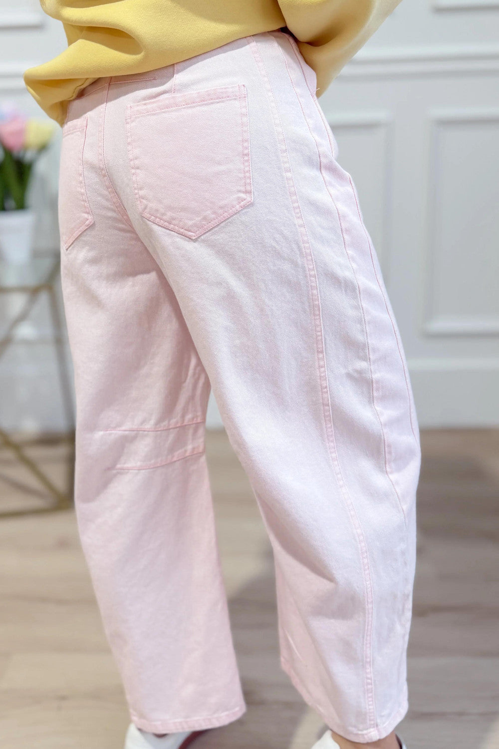 Light Pink Solid Color Grommet Tie Waist Barrel Jeans - PREORDER