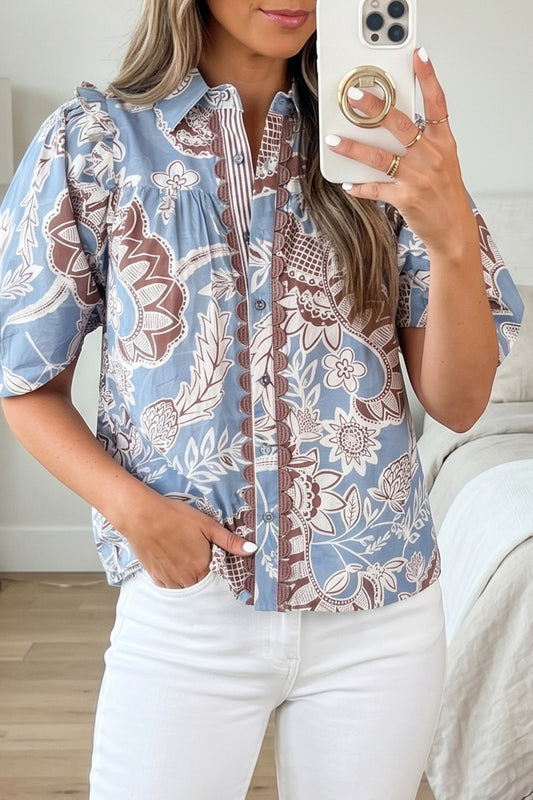 Sky Blue Boho Floral Print Scalloped Trim Button Down Short Sleeve Shirt - PREORDER