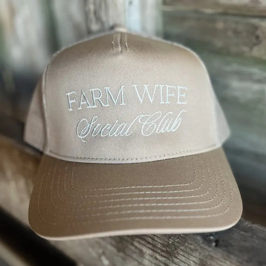 Farm Wife Social Club Trucker Hat with Mesh Back - Light Tan