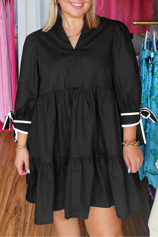 Black Contrast Trim Knot Cuffs Plus Size V Neck Mini Dress - PREORDER