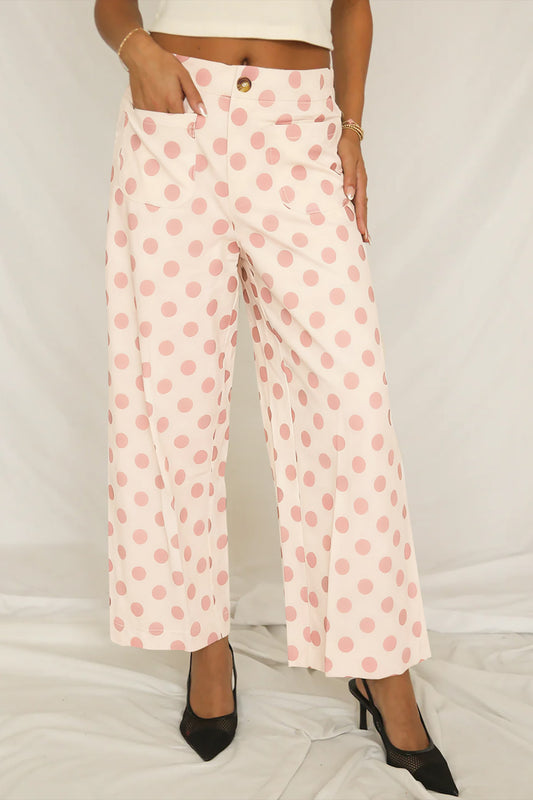 White Polka Dot Print Patched Pocket Loose Pants - PREORDER