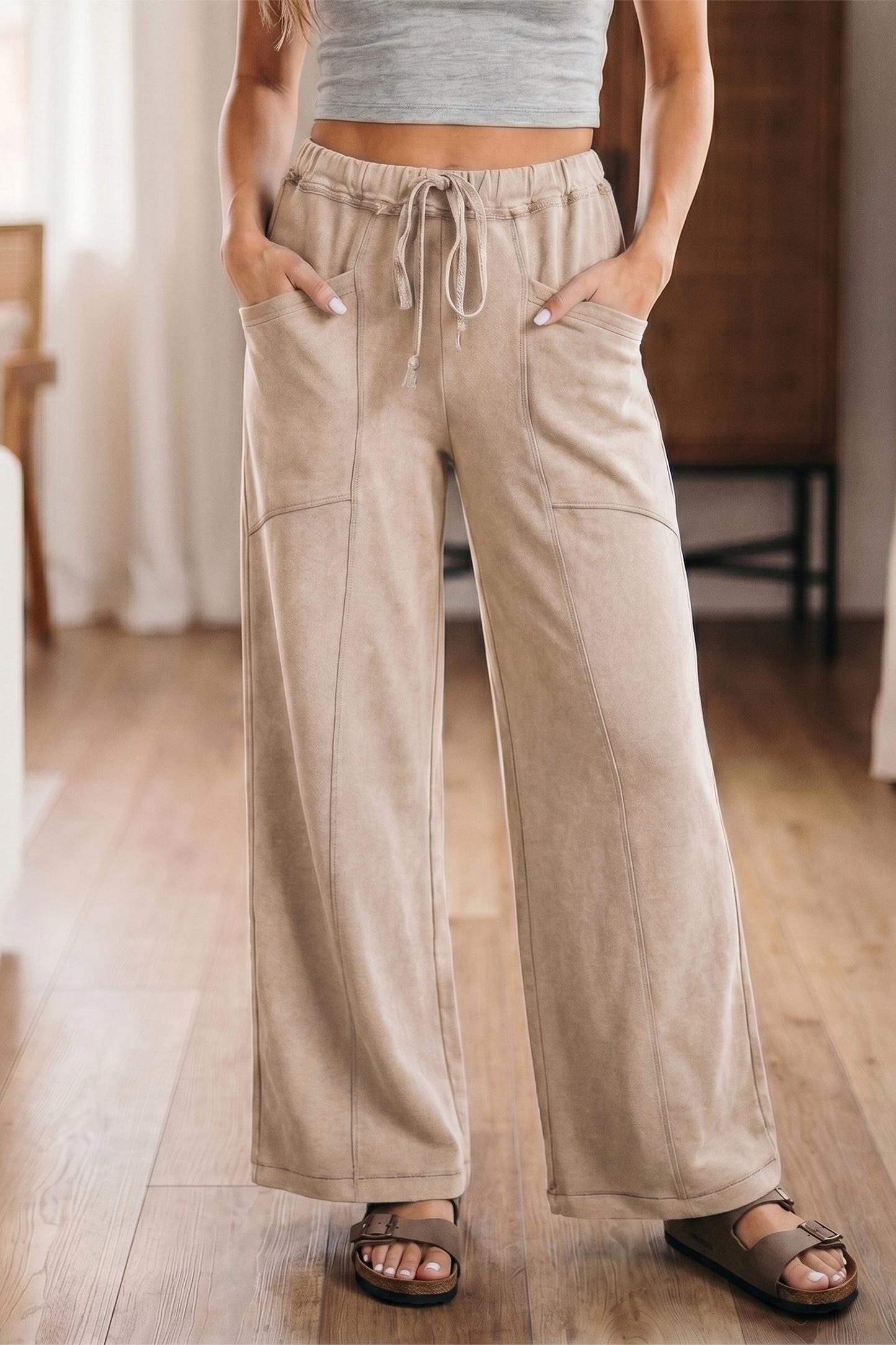 Smoke Gray Mineral Wash Drawstring Retro High Waist Wide Leg Western Pants - PREORDER