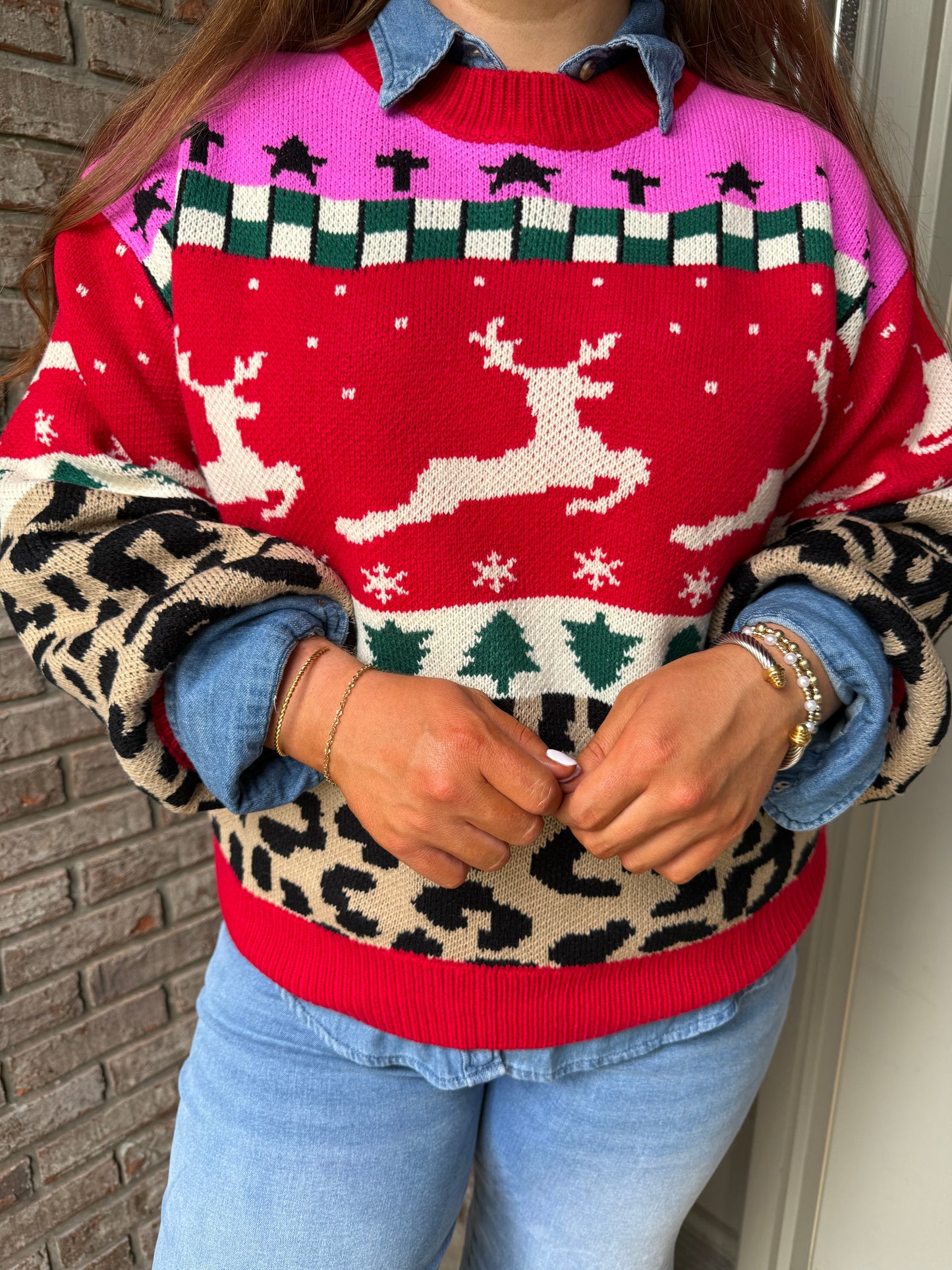 Color Block Leopard Jacquard Sweater Top