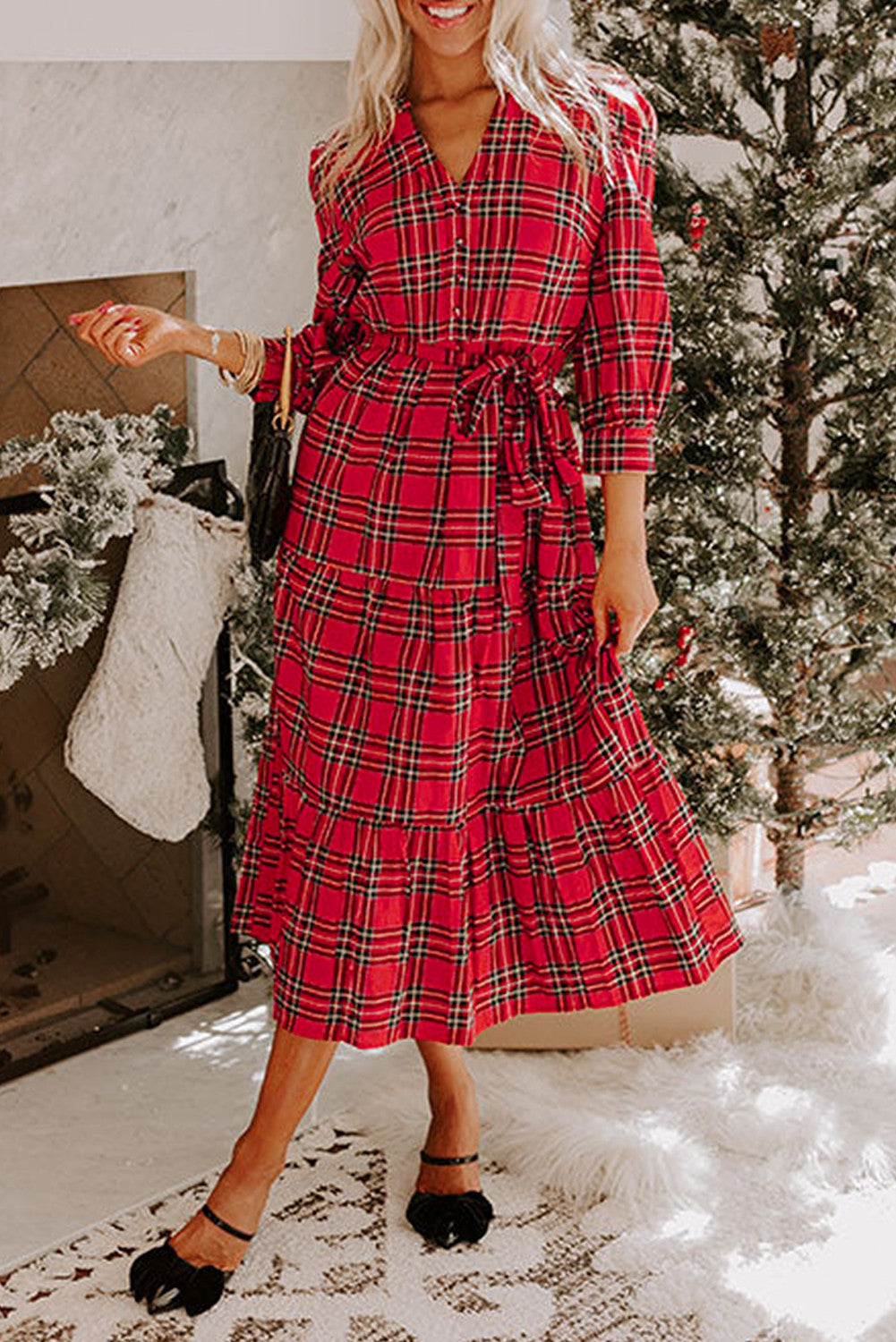 Red Christmas Plaid V Neck 3/4 Sleeve Tie Waist Ruffle Hem Long Dress - PREORDER