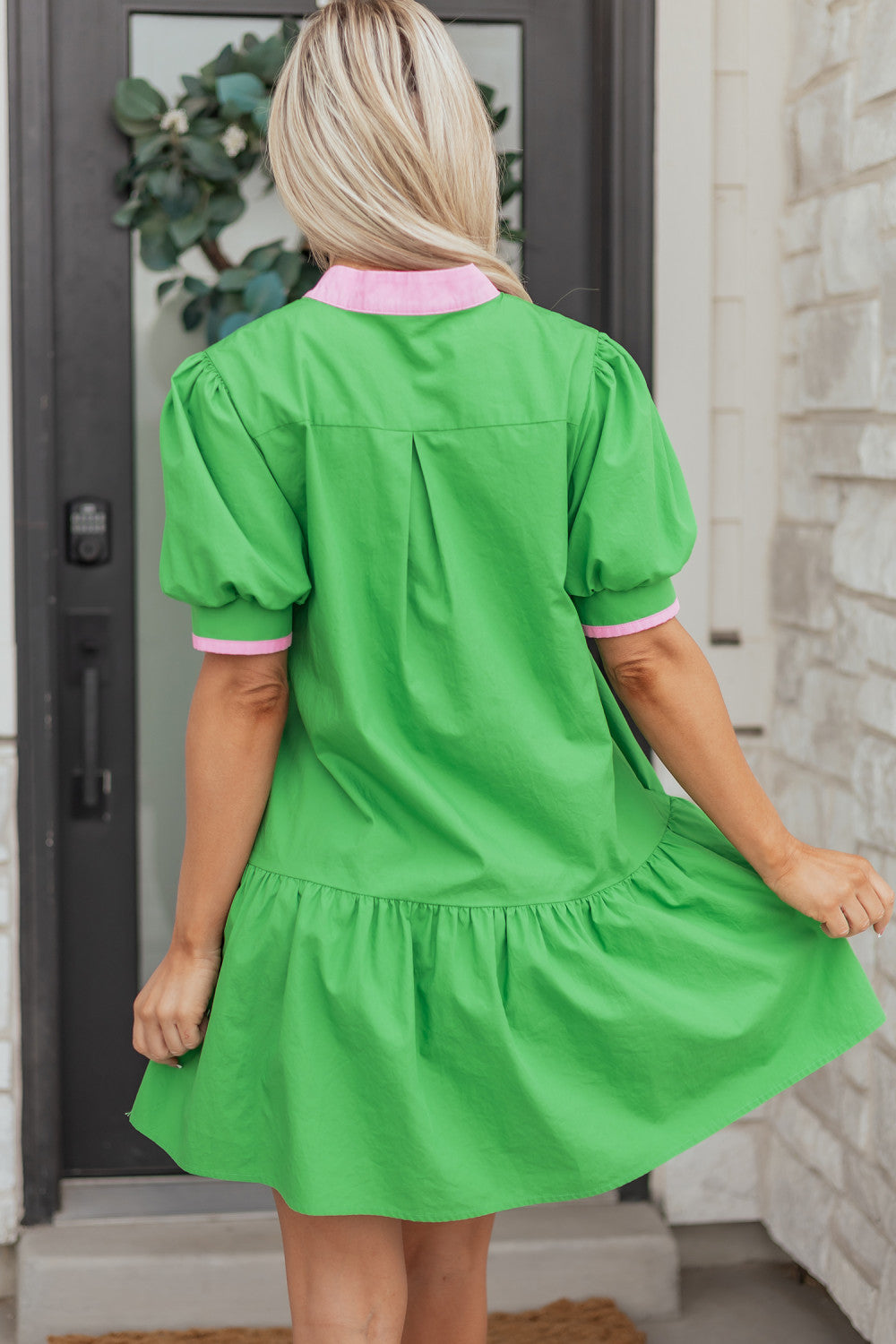 Bright Green Color Block Detail Split Neck Short Puff Sleeve Ruffle Hem Mini Dress - PREORDER