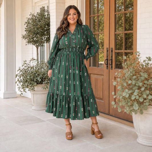 Green Floral Print V Neck Long Sleeve Shift Plus Size Dress - PREORDER